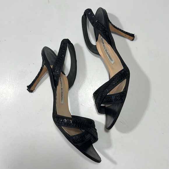 Manolo Blahnik Black Sequin Kitten Heels Sandals Stiletto Sz 37.5 7.5 - Picture 5 of 8